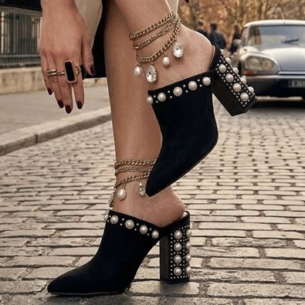 NEW DOLCE VITA SUEDE BLACK PEARL STUDDED EON MULES HEELS BOOTIES SLIDES MINT 💎